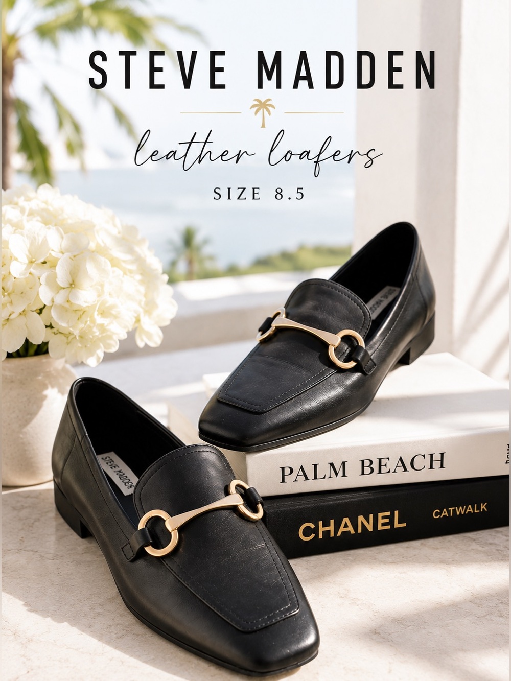 Steve Madden Black Leather Horsebit Loafers Size 8.5 Chic Quiet Luxury Flats
